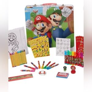NWT Super Mario Kids Art Kit with Carrying Tin Gel Pens Markers Stickers